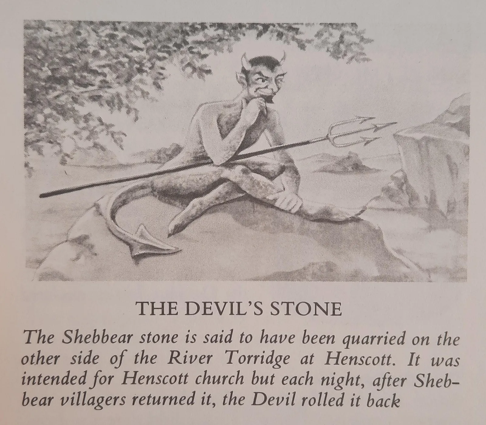 Book page illustration titled The Devil's Stone, showing a horned Devil with a trident and pitchfork beside a boulder