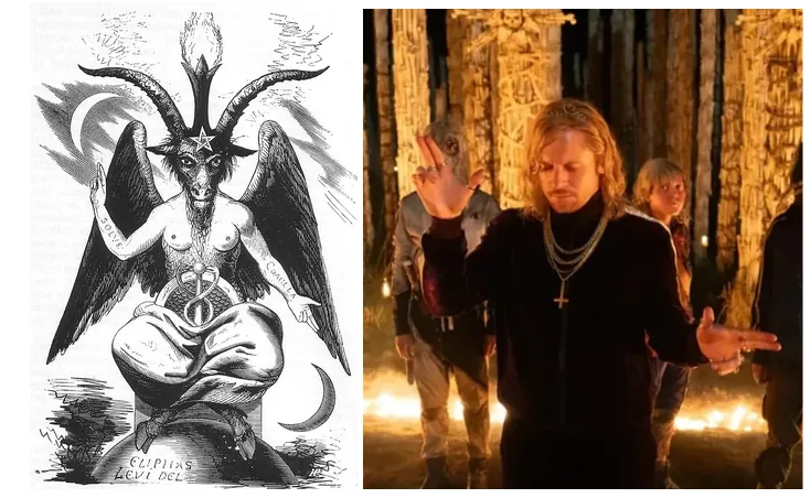 The 1856 Sabbatic Goat engraving beside Sir Jimmy Crystal striking the same pose in the burning bone temple