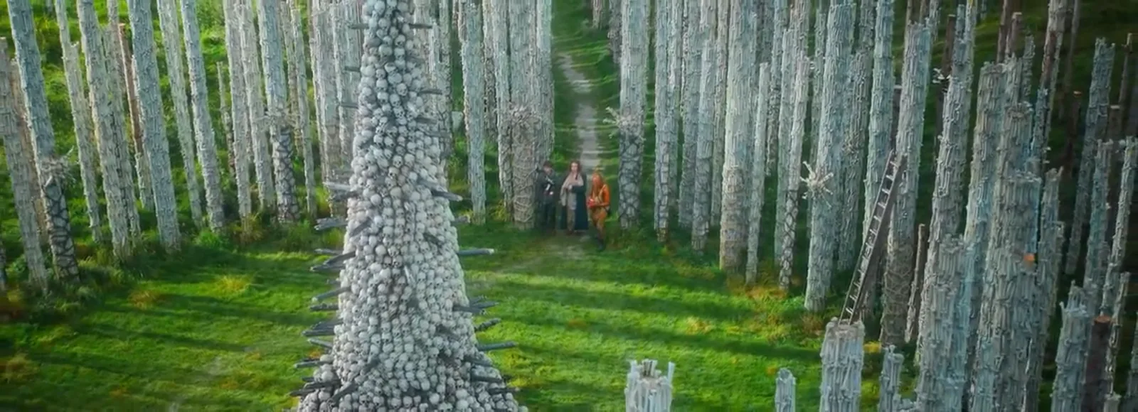Kelson's bone temple, a circle of wooden pillars decorated with bones, seen for the first time