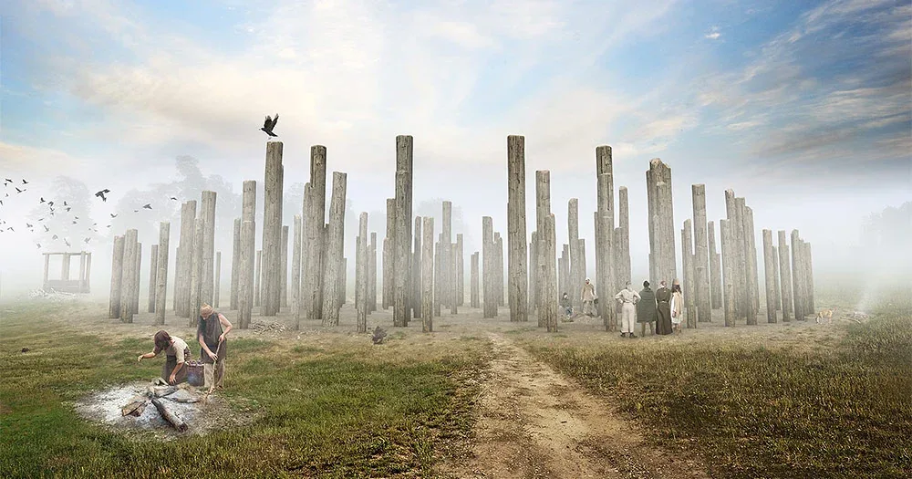 An artist's impression of Woodhenge, a circle of timber posts
