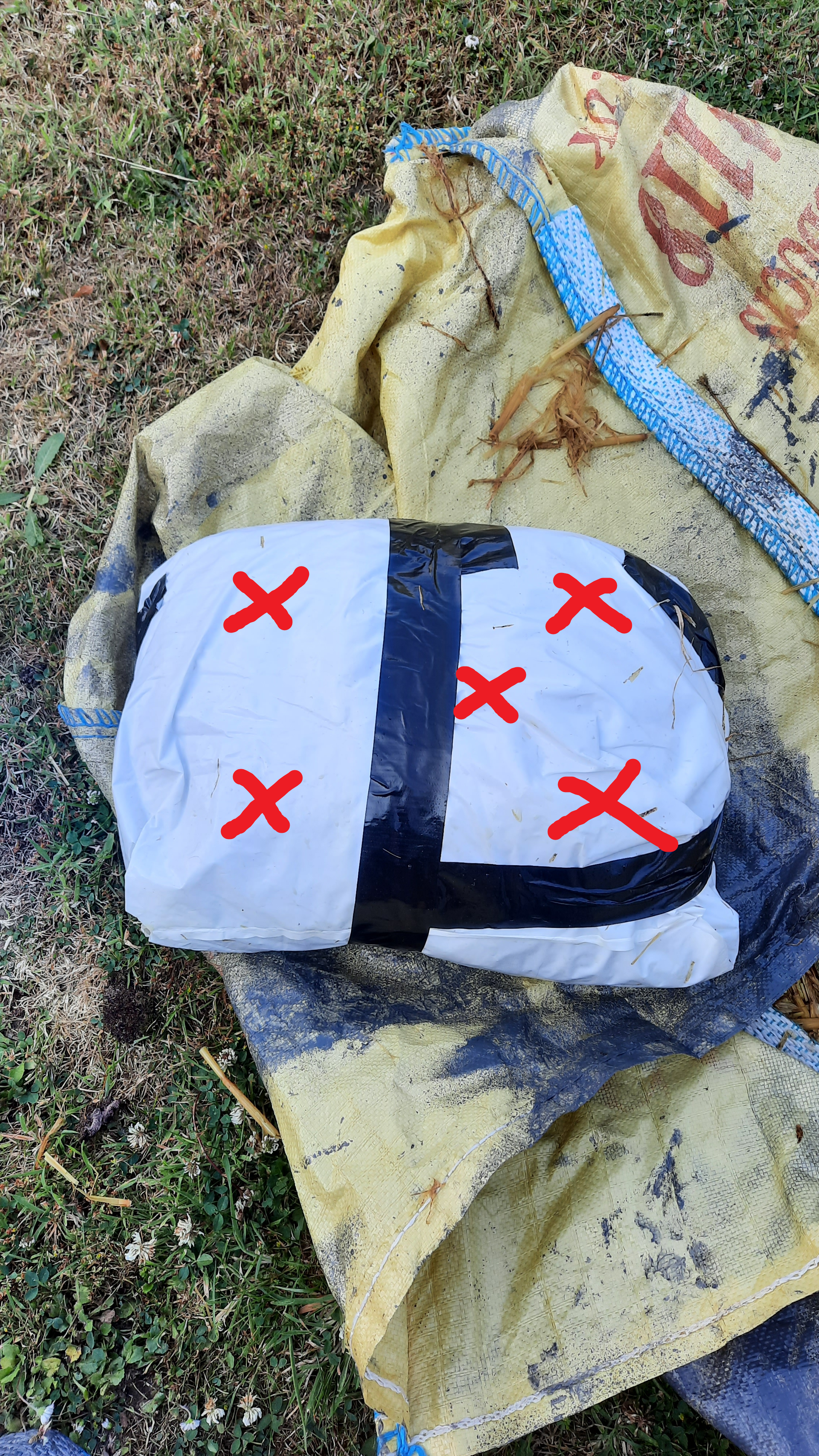 Marking holes on the grow bag.