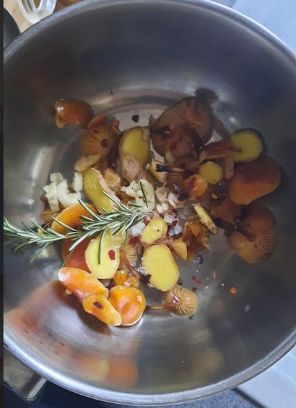 A small test batch of mushroom broth ingredients